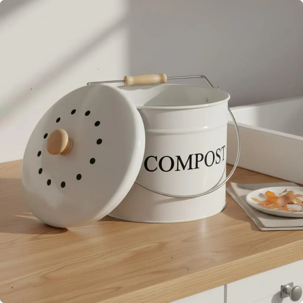 Seau à Compost Vintage en Métal avec Couvercle et Poignée - Design Rétro pour Cuisine