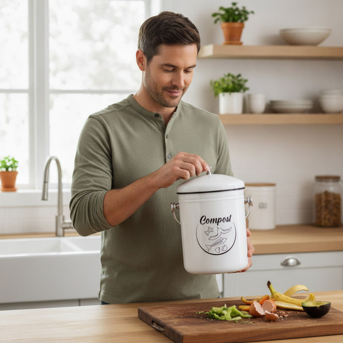 Composteur de Cuisine Métal avec Couvercle - Design Ferme Chic, 5L