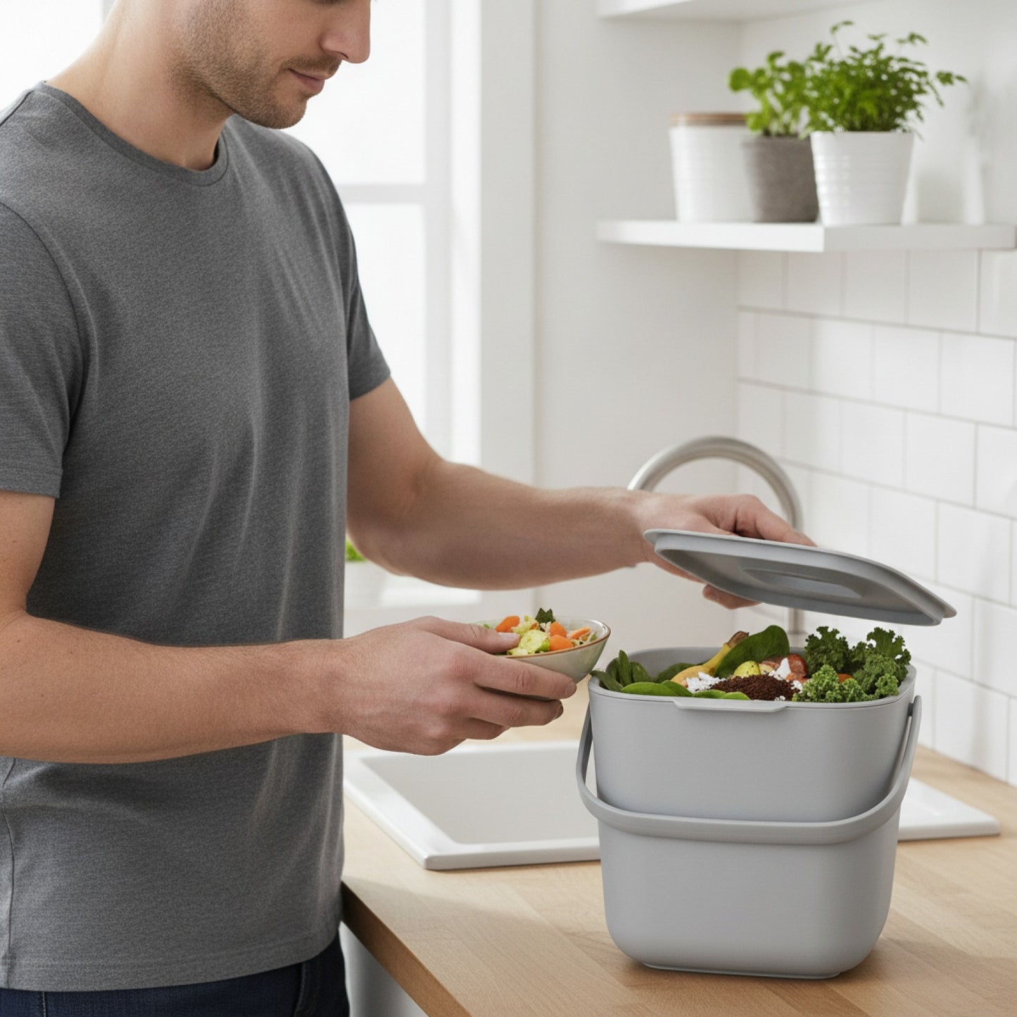 Composteur de cuisine 4L gris anti-odeur avec couvercle hermétique et filtre