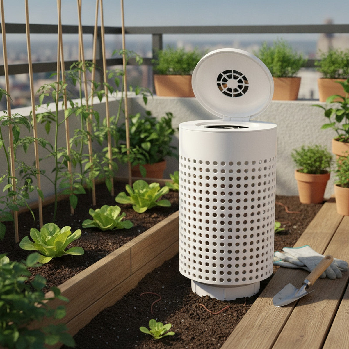 Composteur de jardin blanc en plastique avec couvercle - Idéal pour lombricompostage