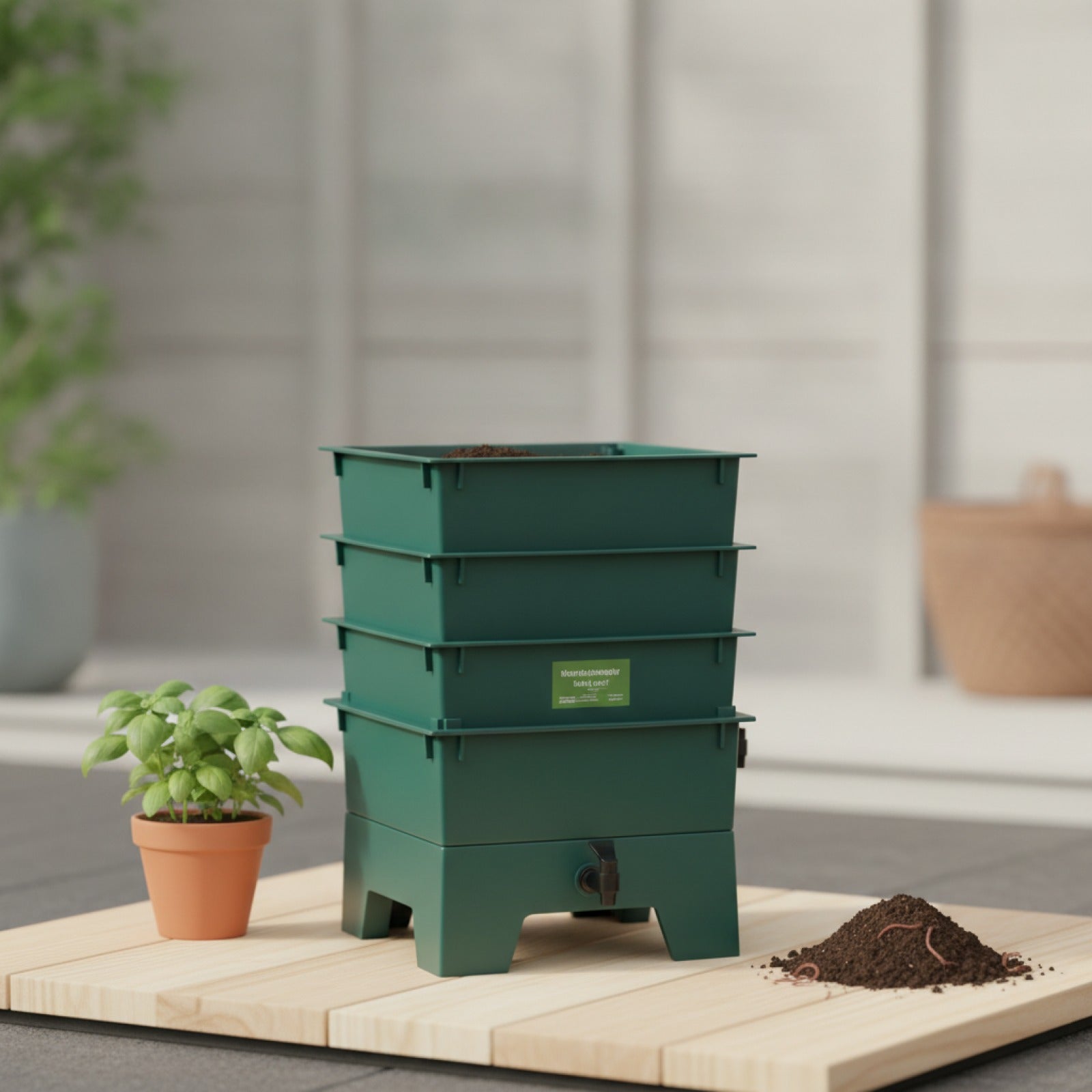 Lombricomposteur 4 Plateaux en Bois - 42x42x60 cm - Composteur de Jardin