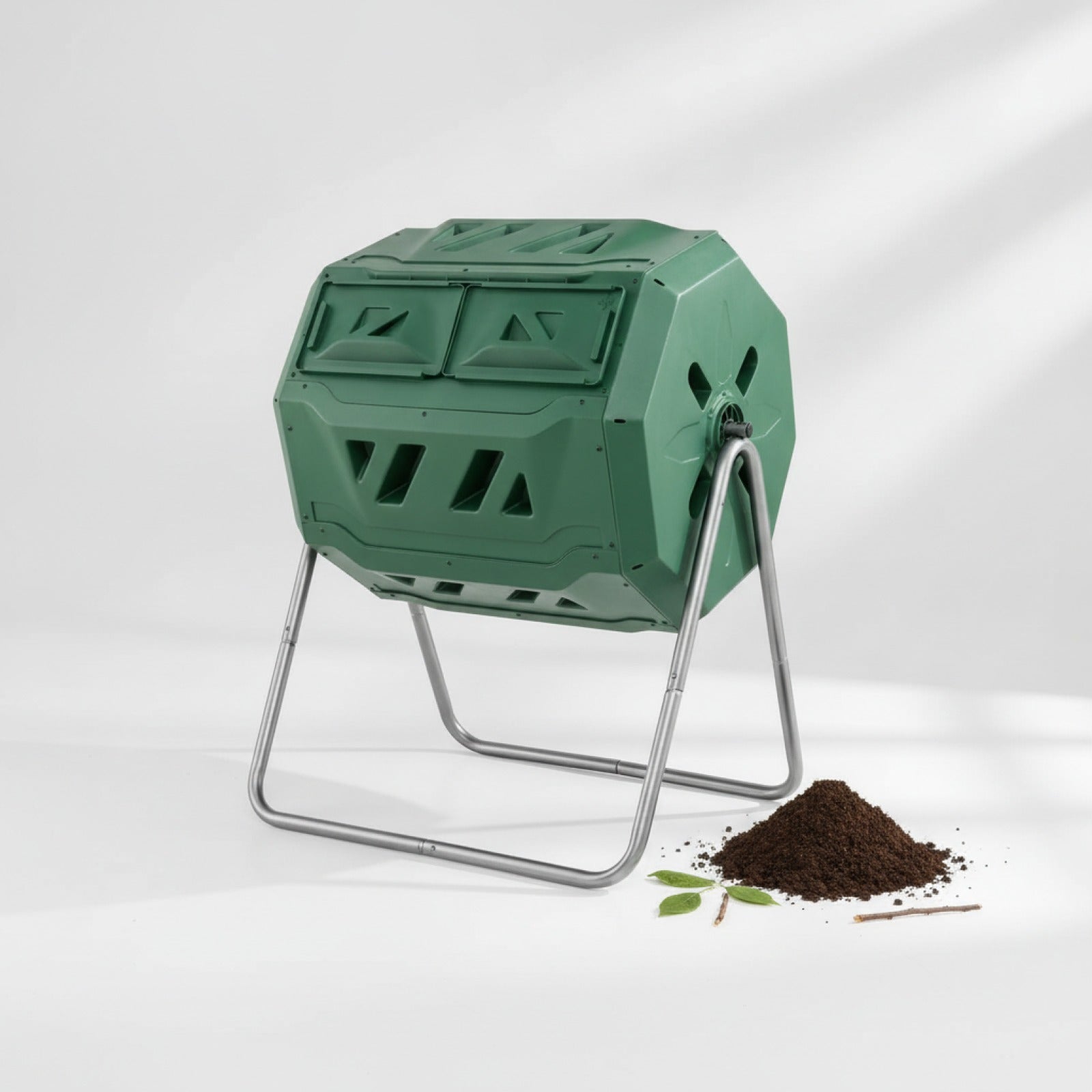 Composteur Rotatif 120L Vert à Double Chambre avec Portes Coulissantes
