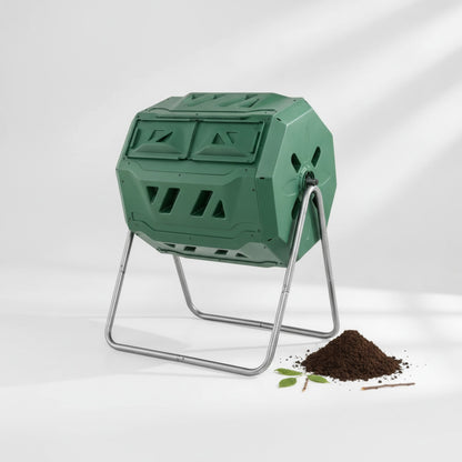 Composteur Rotatif 120L Vert à Double Chambre avec Portes Coulissantes