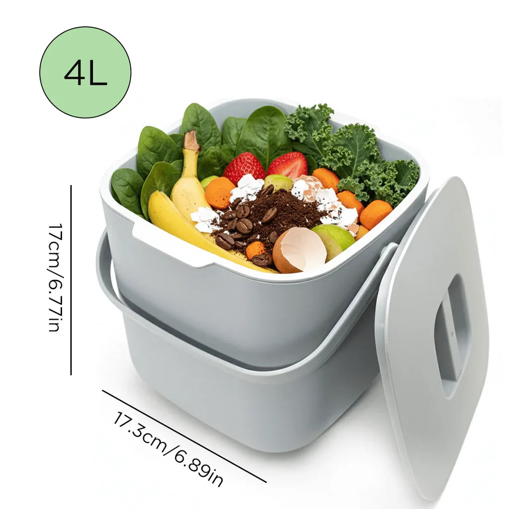 Composteur de cuisine 4L gris anti-odeur avec couvercle hermétique et filtre