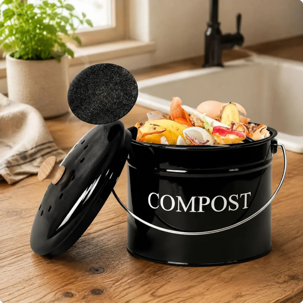 Seau à Compost Vintage en Métal avec Couvercle et Poignée - Design Rétro pour Cuisine