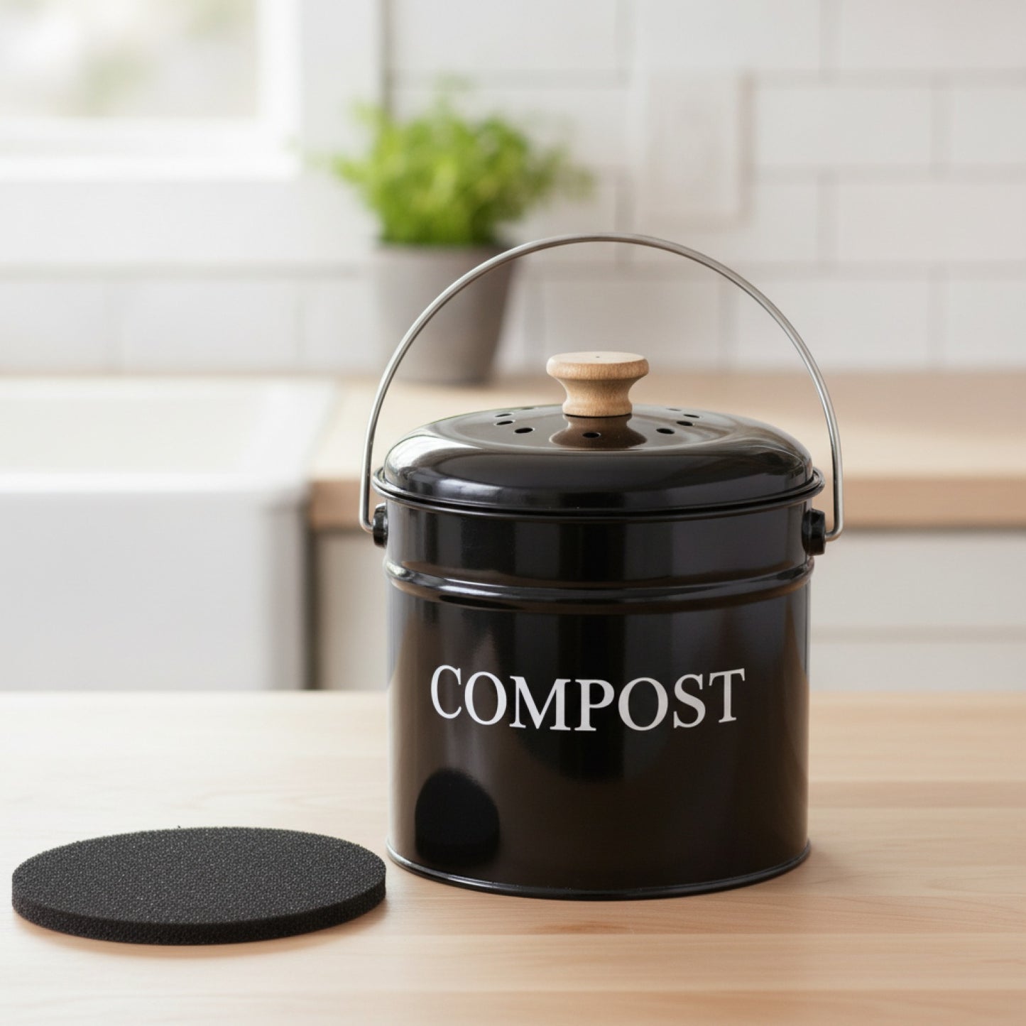 Seau à Compost Vintage en Métal avec Couvercle et Poignée - Design Rétro pour Cuisine