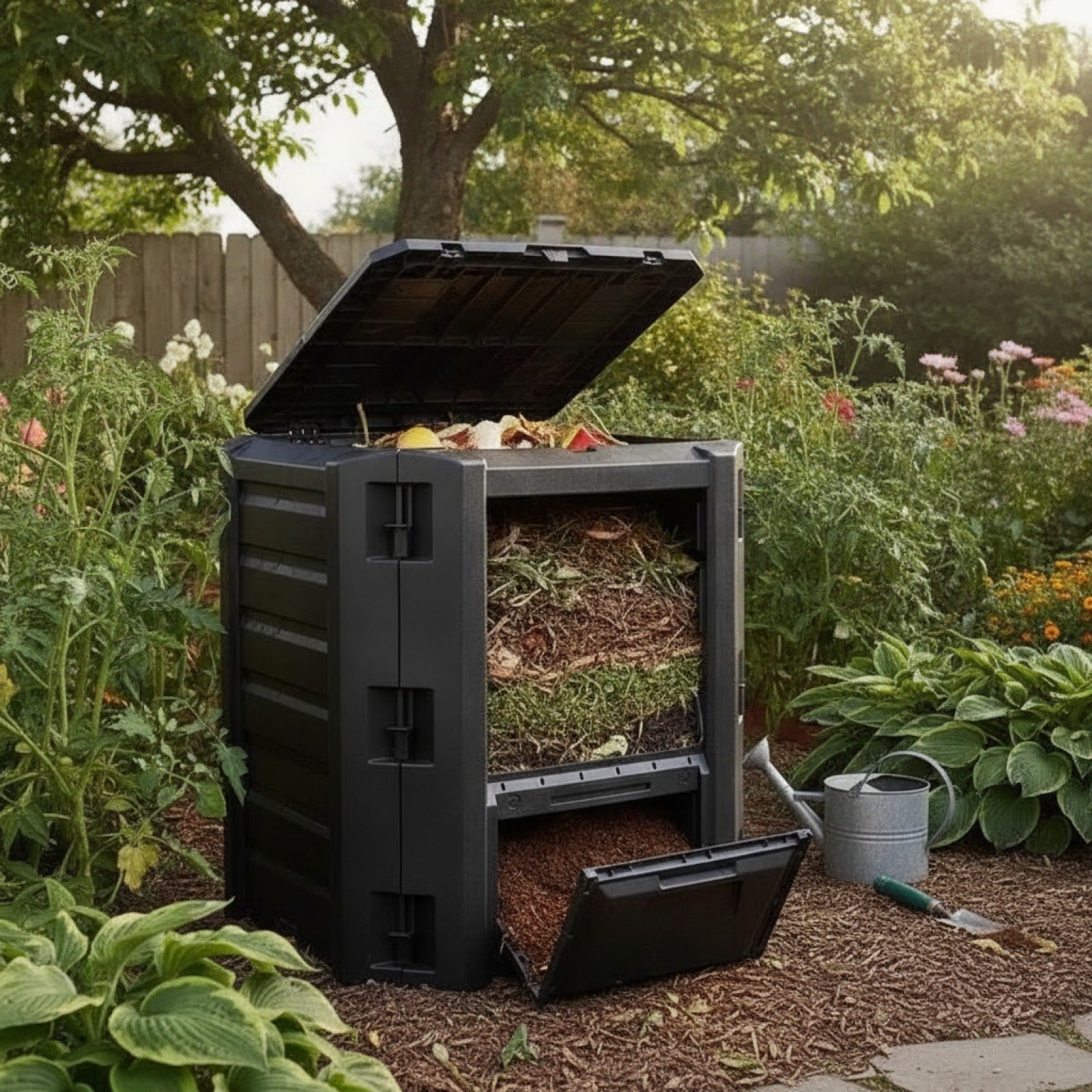 Bac à compost de jardin en bois noir 800L - Composteur extérieur résistant
