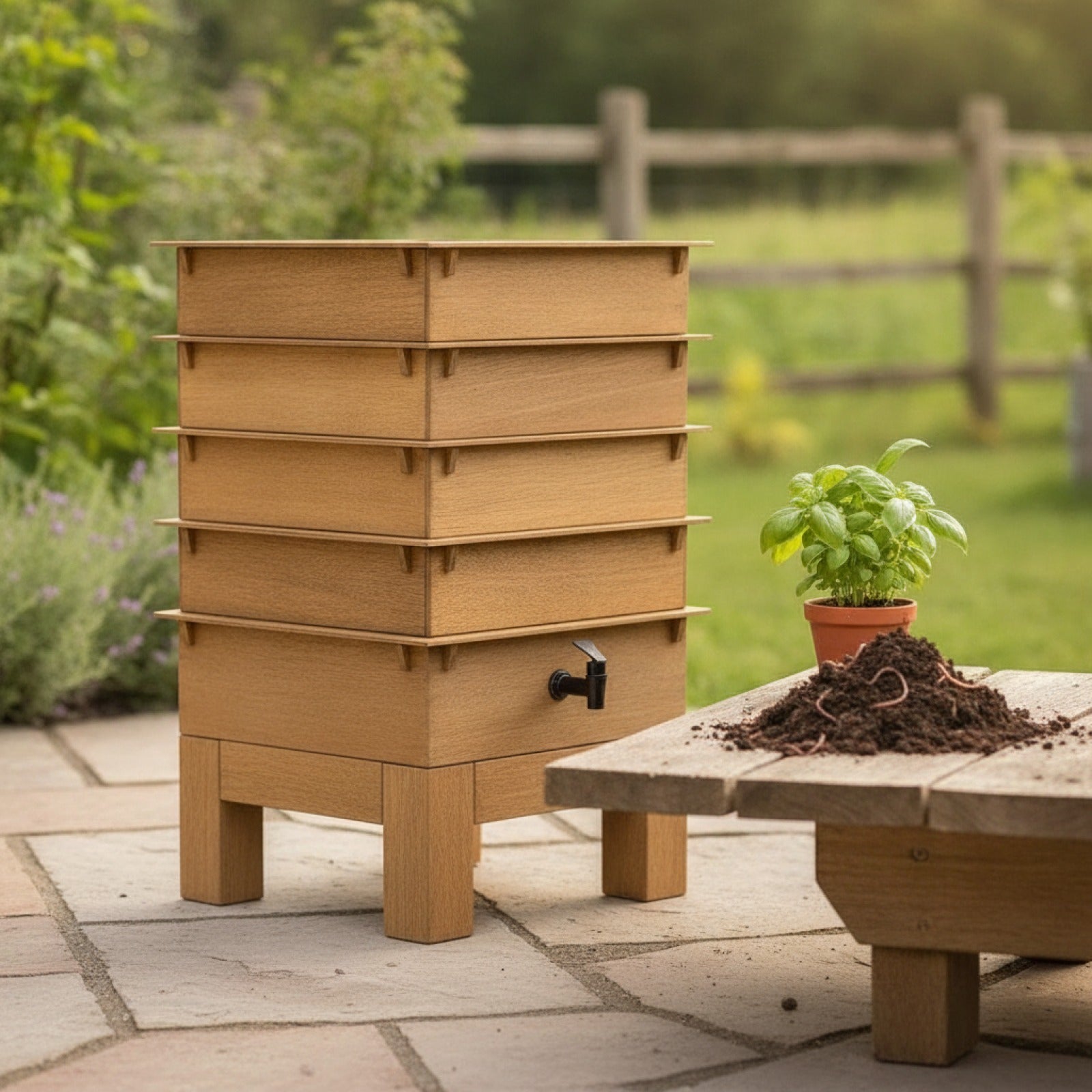 Lombricomposteur 4 Plateaux en Bois - 42x42x60 cm - Composteur de Jardin