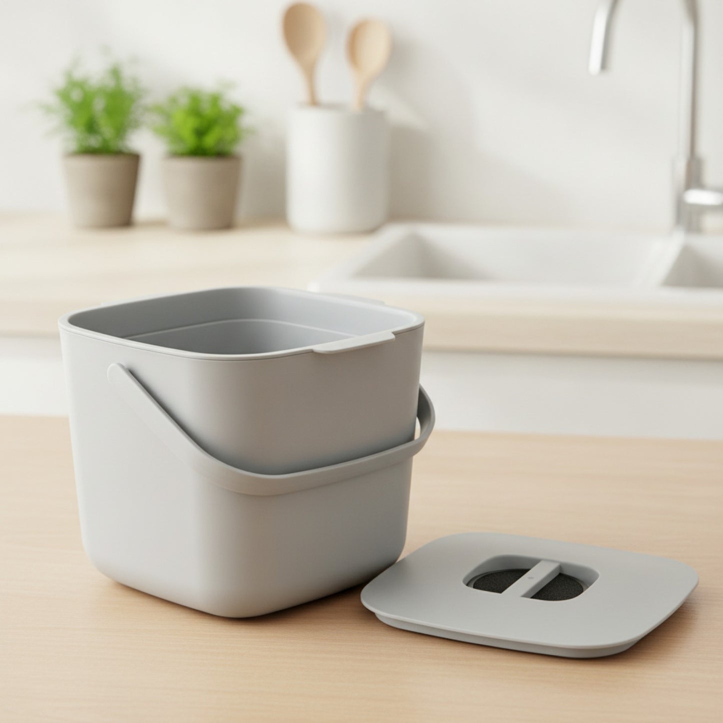 Composteur de cuisine 4L gris anti-odeur avec couvercle hermétique et filtre