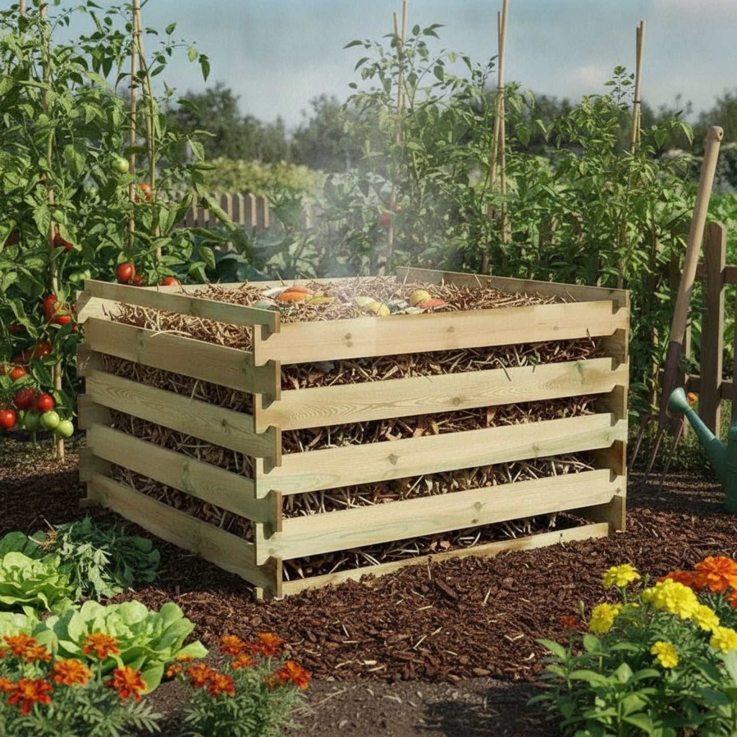 Composteur en Bois Imprégné 120x120x70 cm - Recyclage Jardin & Compostage Efficace