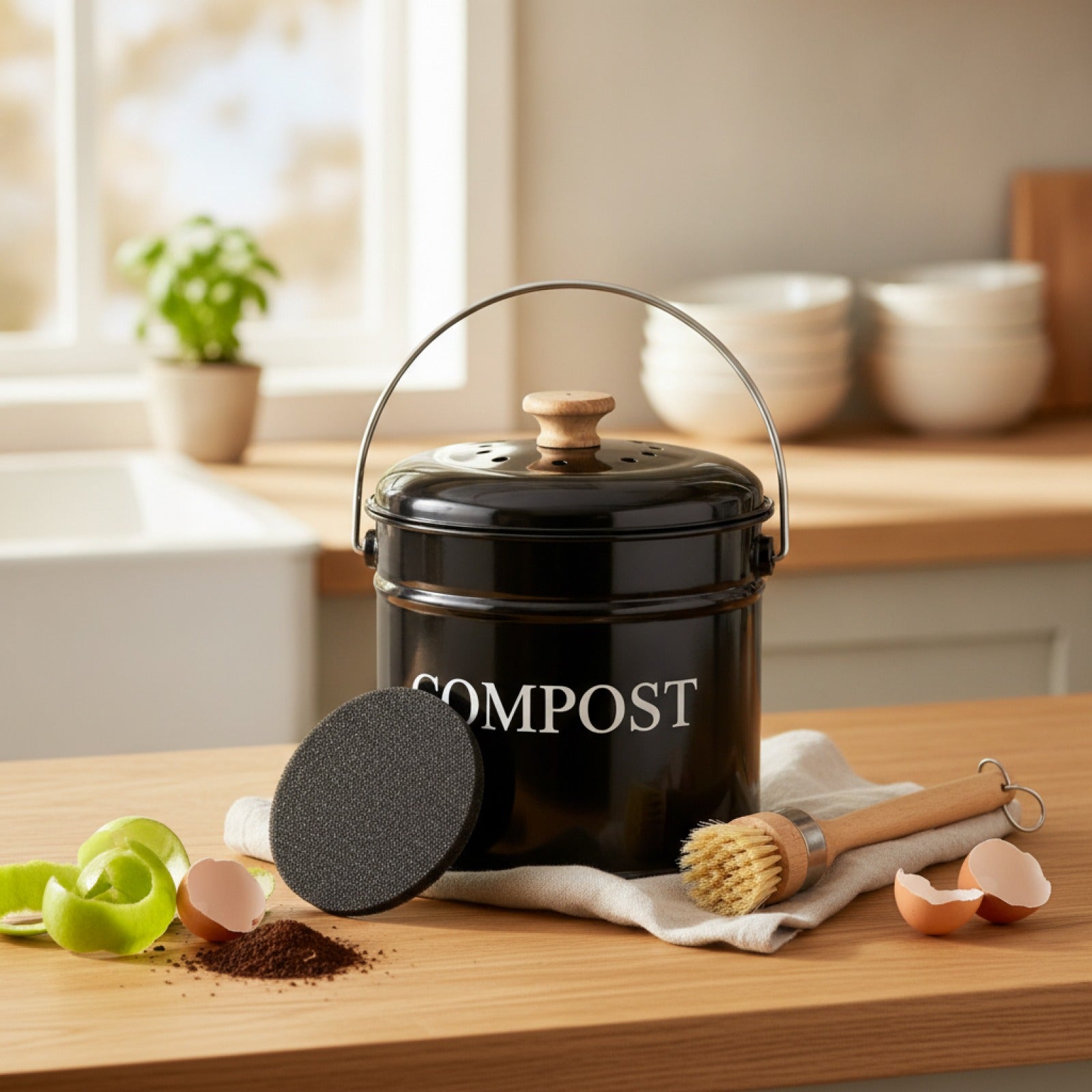Seau à Compost Vintage en Métal avec Couvercle et Poignée - Design Rétro pour Cuisine