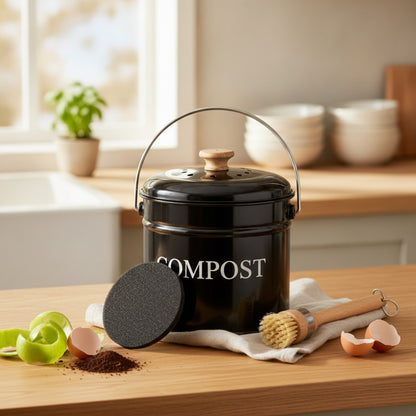 Seau à Compost Vintage en Métal avec Couvercle et Poignée - Design Rétro pour Cuisine