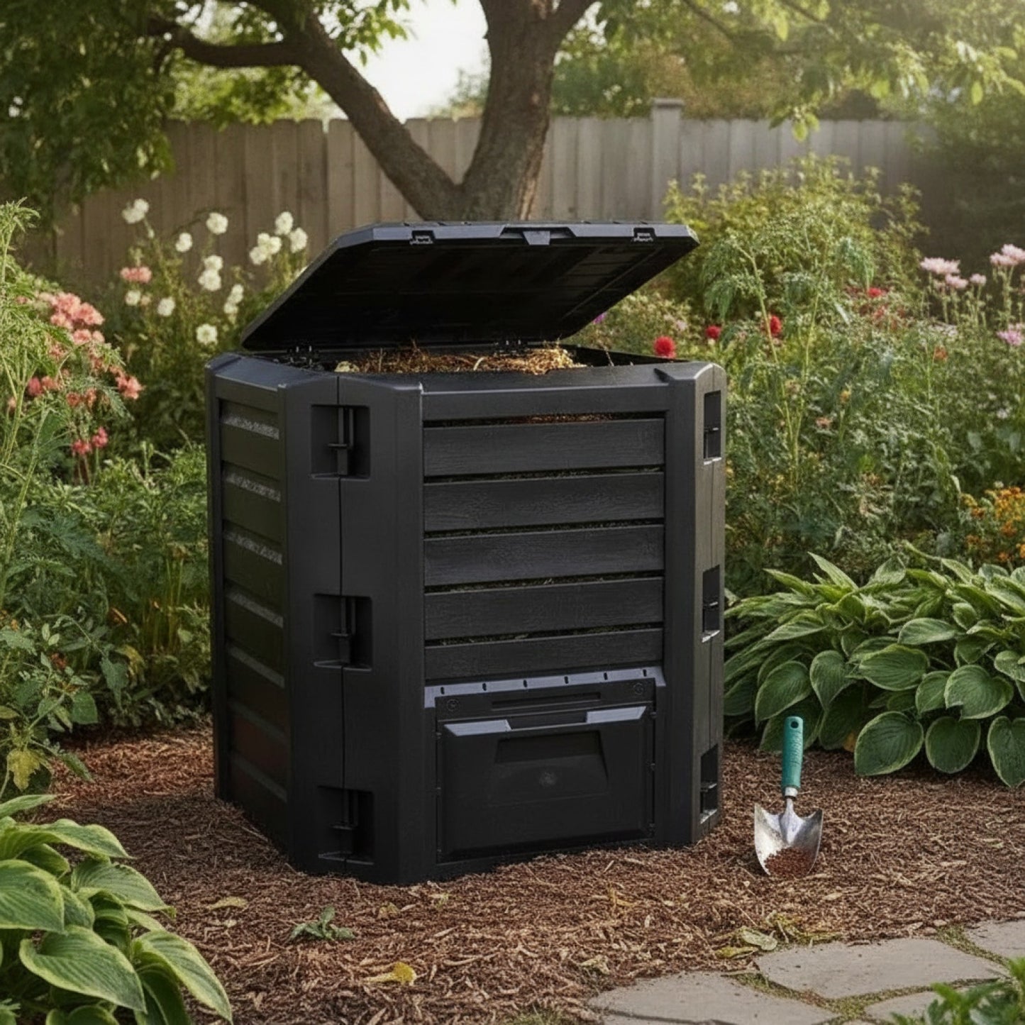 Bac à compost de jardin en bois noir 800L - Composteur extérieur résistant