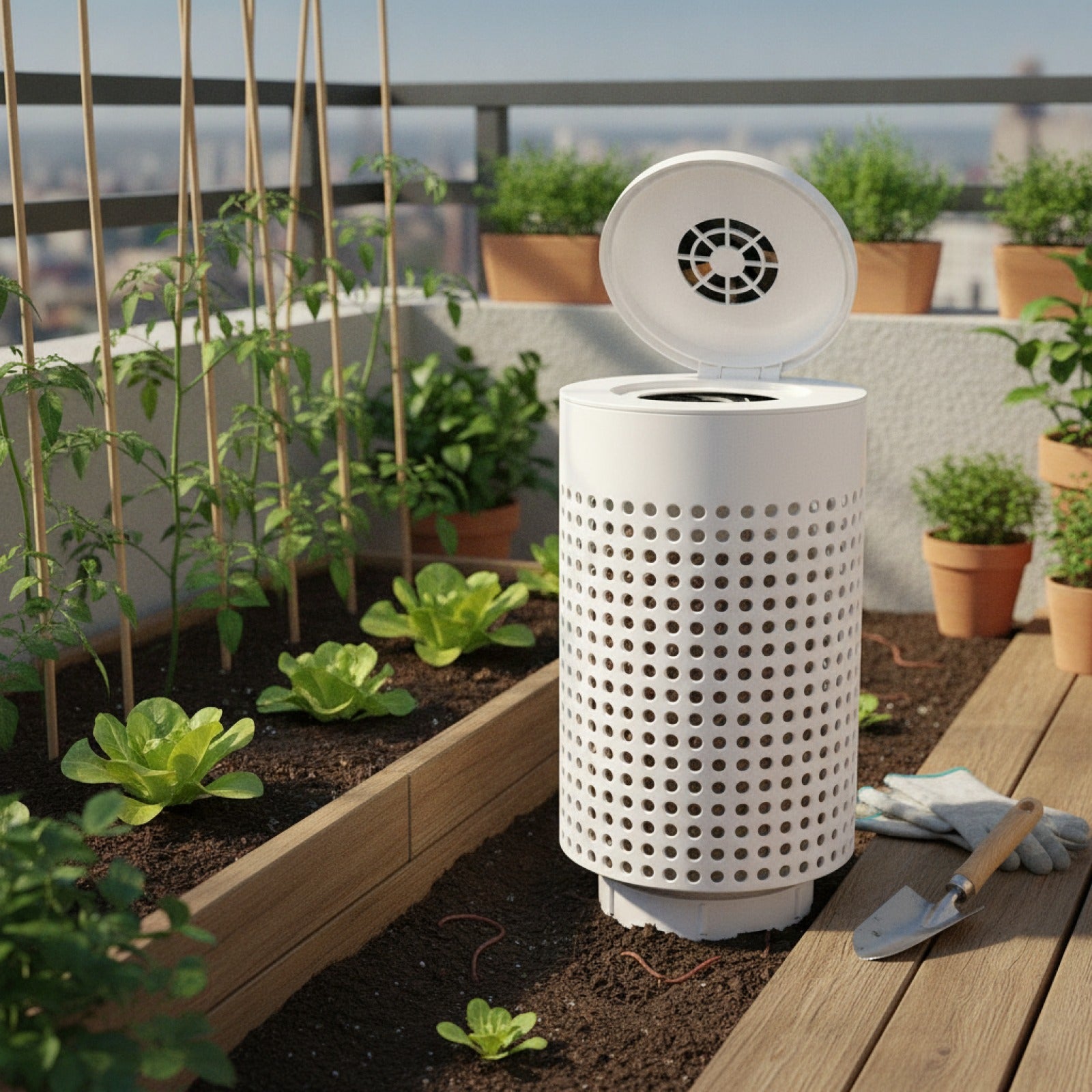 Composteur de jardin blanc en plastique avec couvercle - Idéal pour lombricompostage