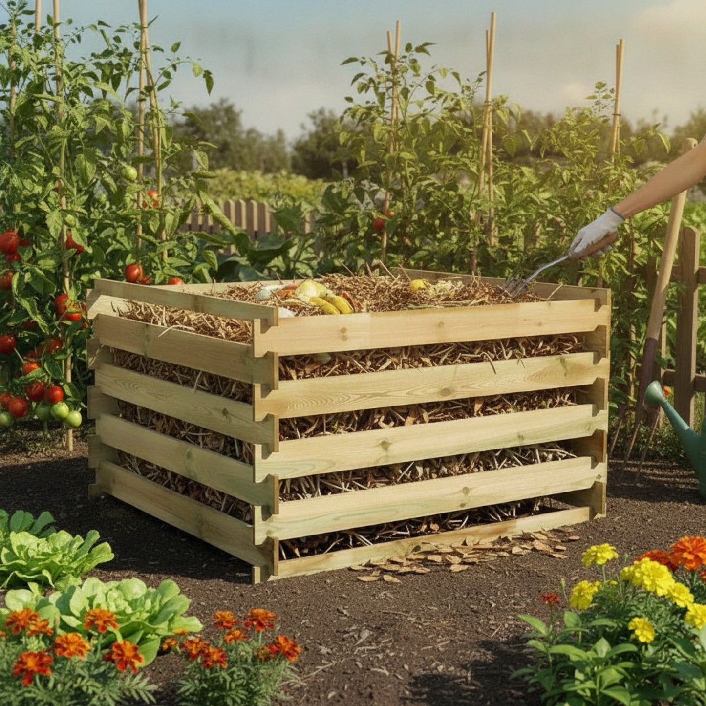 Composteur en Bois Imprégné 120x120x70 cm - Recyclage Jardin & Compostage Efficace