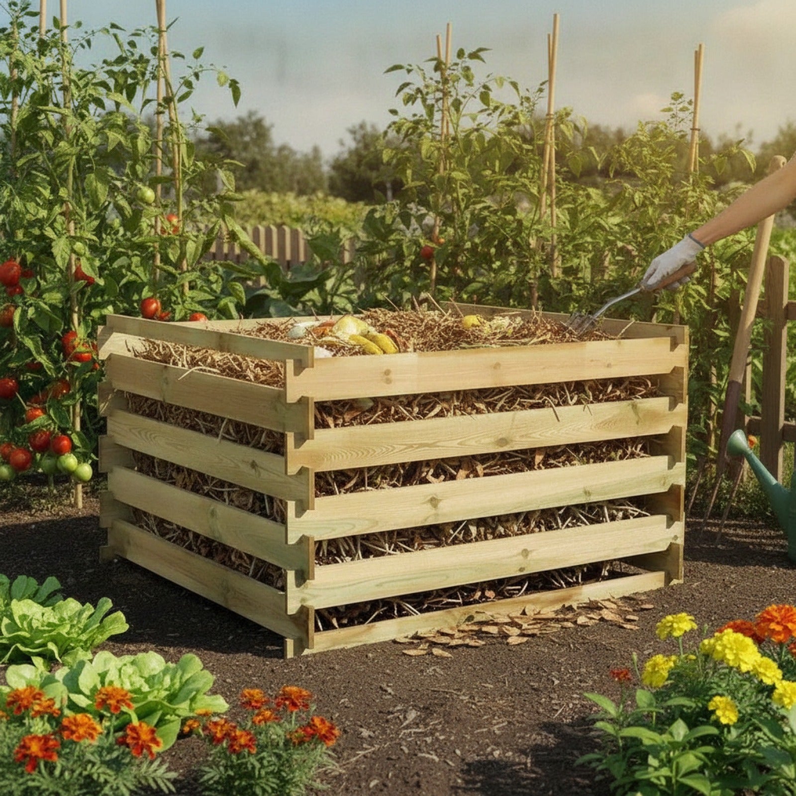 Composteur en Bois Imprégné 120x120x70 cm - Recyclage Jardin & Compostage Efficace