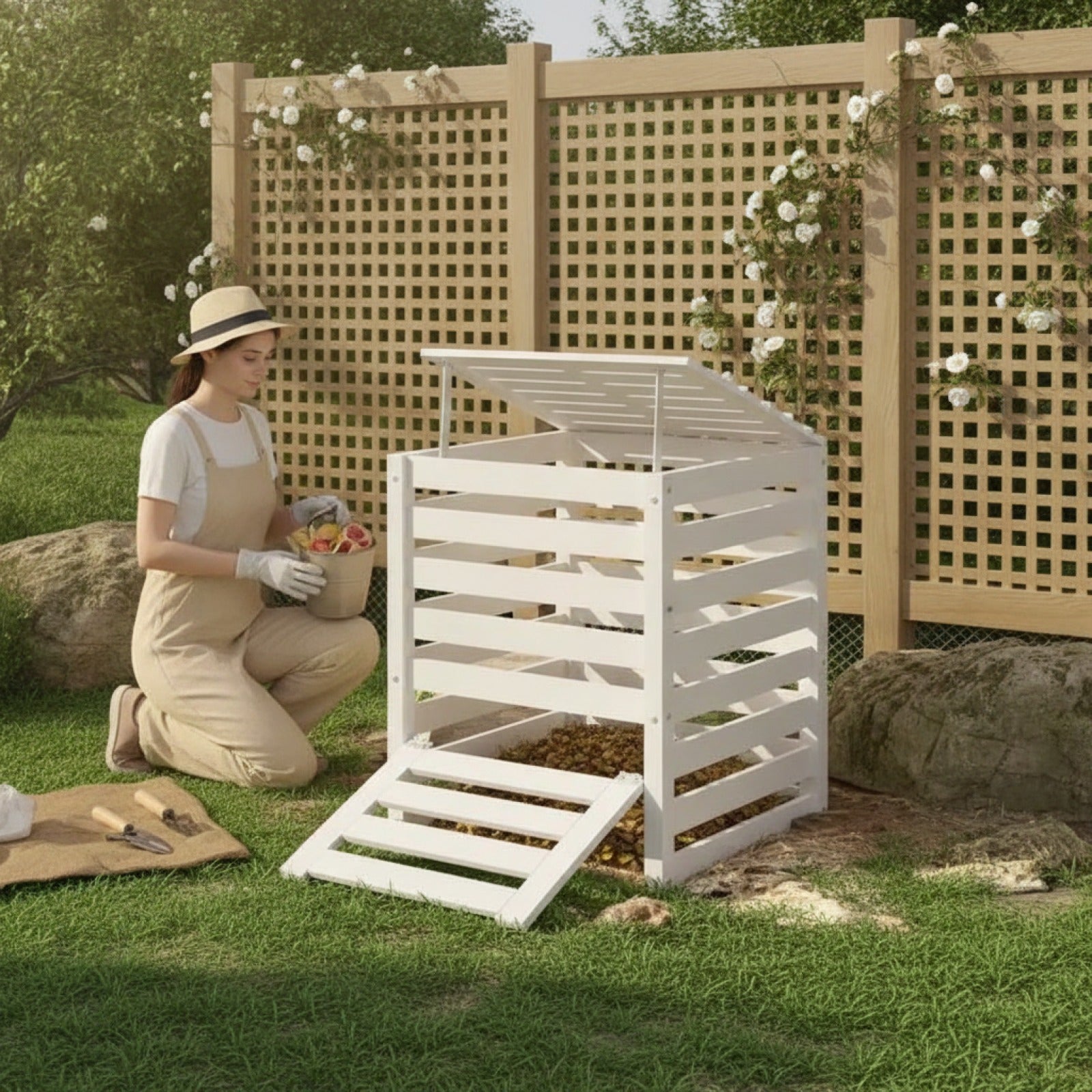 Composteur en Bois de Pin Massif Blanc - 63.5x63.5x77.5 cm