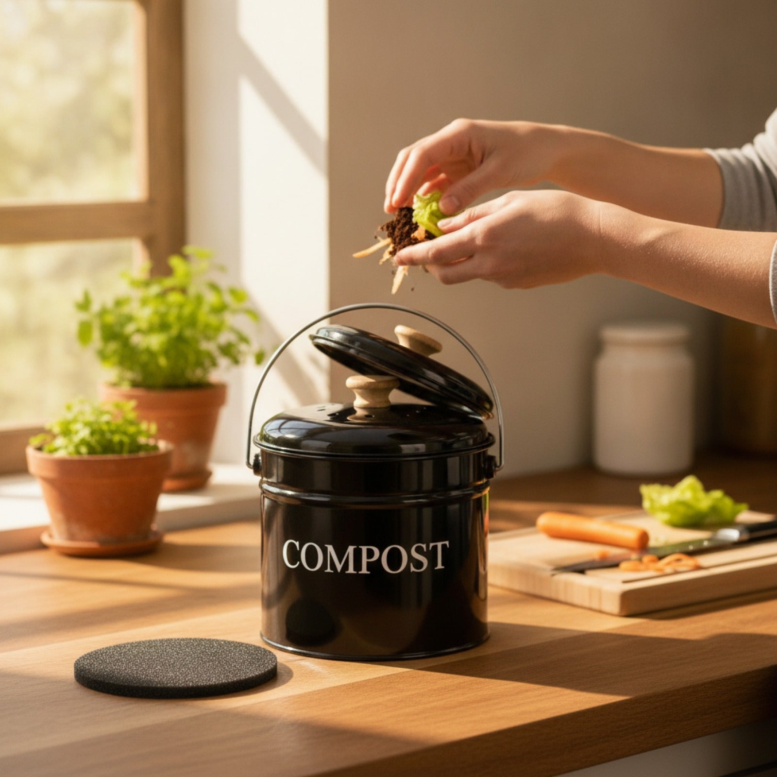 Seau à Compost Vintage en Métal avec Couvercle et Poignée - Design Rétro pour Cuisine