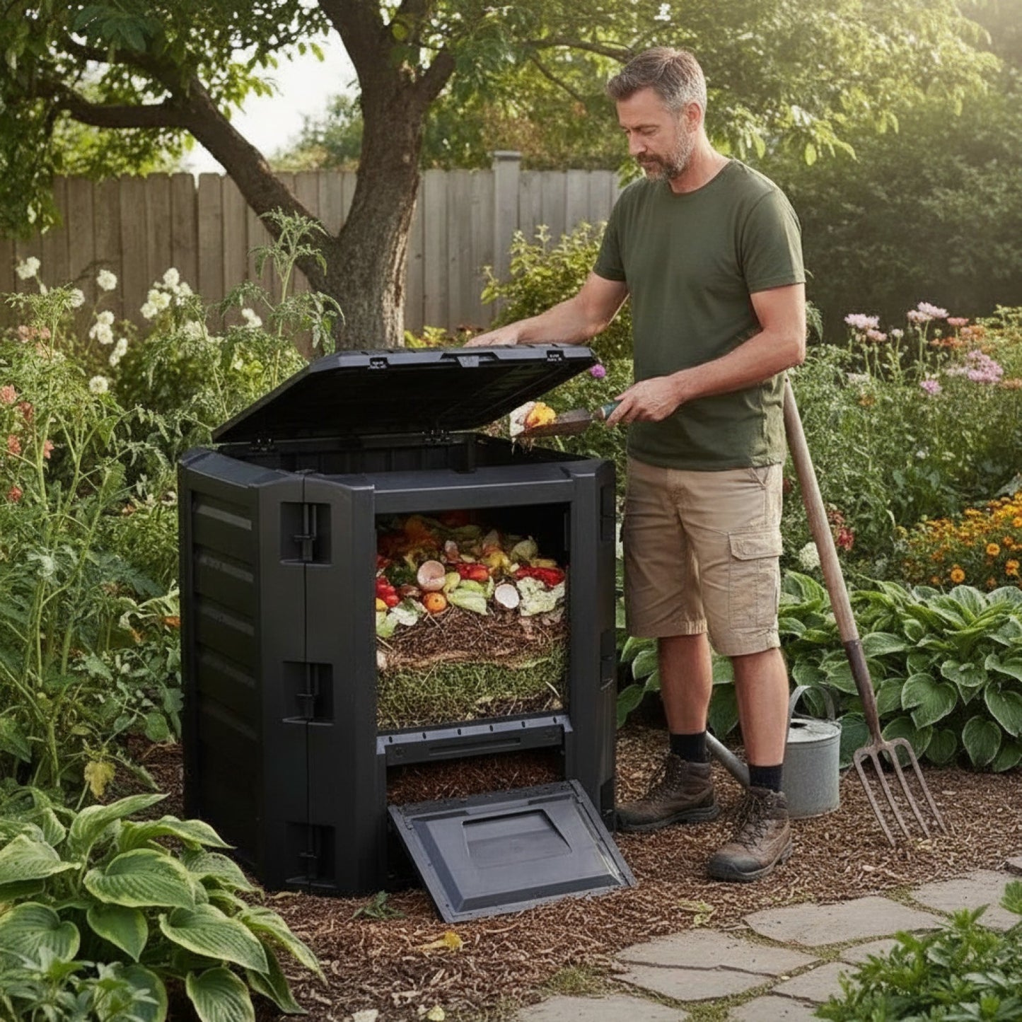 Bac à compost de jardin en bois noir 800L - Composteur extérieur résistant