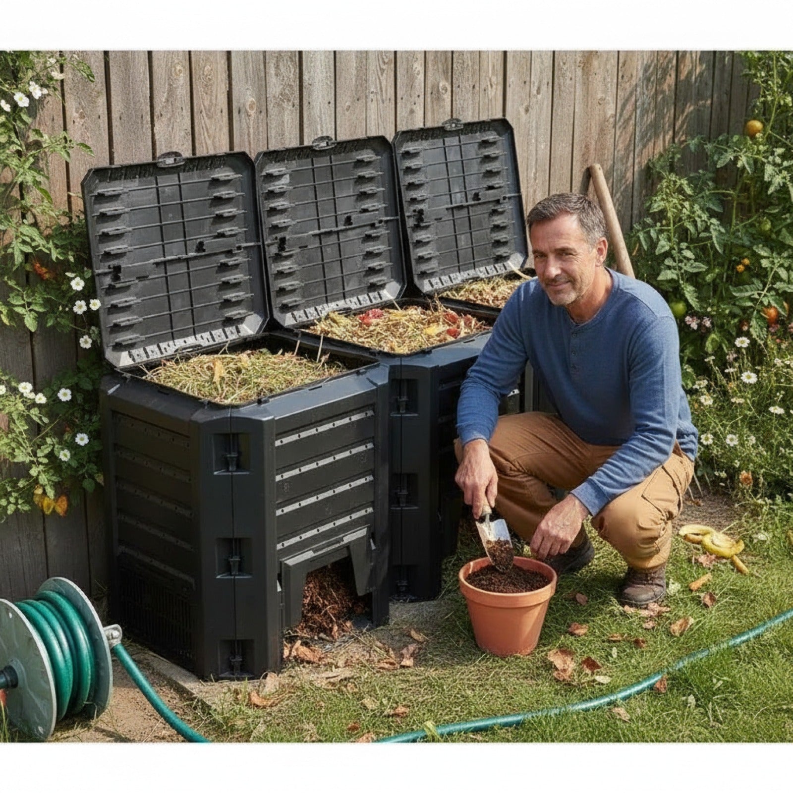 Bac à compost de jardin en bois noir 1200L - Composteur extérieur résistant