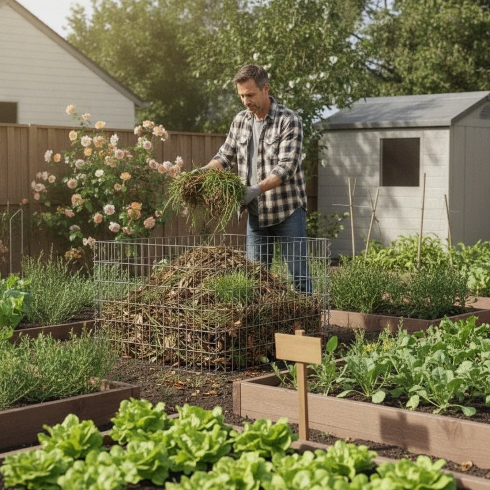 Composteur de Jardin Carré en Bois - Capacité 50 Gallons - Gris
